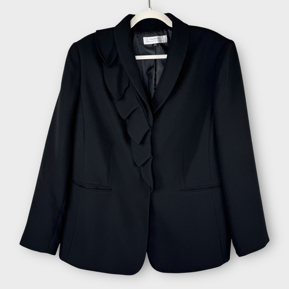 Tahari by ASL Black Women's Blazer with Asymmetrical Ruffle Accent 14W Elegant